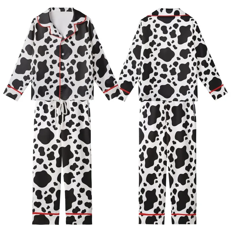 Fashion-Forward Individuals' Bold Black White Organic Irregular Cow Spot Seamless Pattern Kid Satin Pajamas Set - 1