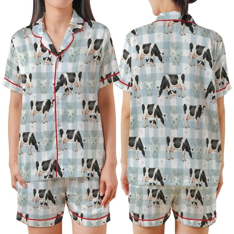 Cow Lovers' Light Blue White Watercolor Gingham Hand-Drawn Holstein Cow Pasture Repeat Pattern Satin Short-Sleeve Pajamas Set - 1