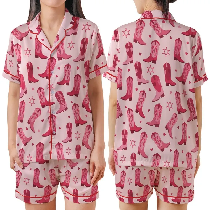 Cowgirl Chic Fans' Blush Pink Fuchsia Stylized Scattered Cowboy Boots Heart Badge Pattern Satin Short-Sleeve Pajamas Set - 1