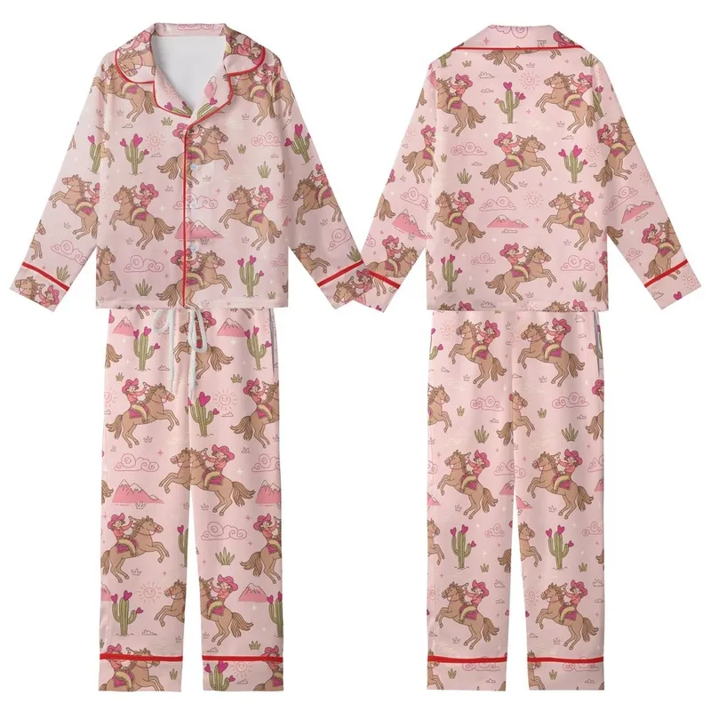 Western Enthusiasts' Whimsical Cowgirl Desert All-Over Print with Pink Hats, Coral Shirts, and Fuchsia Cacti Kid Satin Pajamas Set - 1