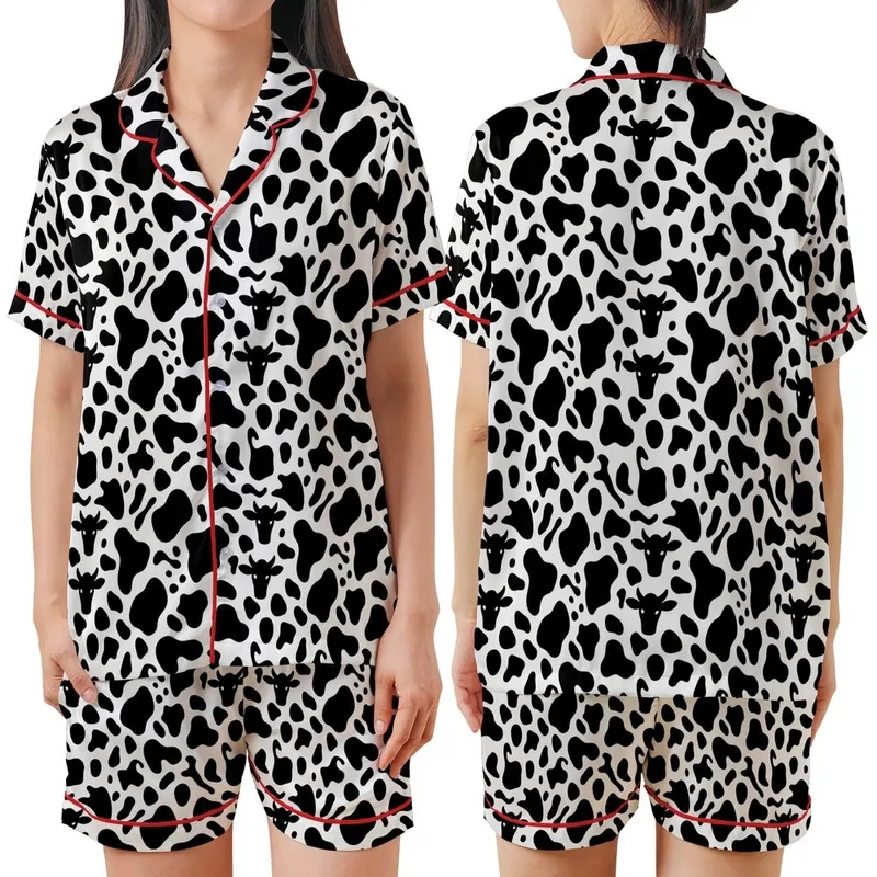 Animal Print Lovers' Bold Black White Cow Spot Pattern with Stylized Cow Heads and Milk Splashes Satin Short-Sleeve Pajamas Set - 1
