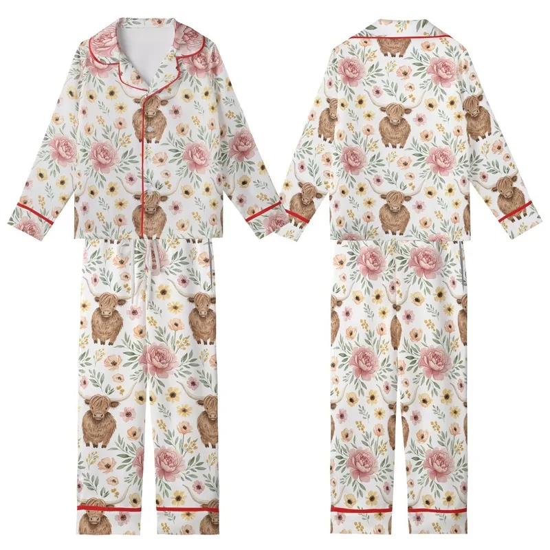 Highland Cow Lovers' Whimsical Watercolor Shaggy Brown Cow Dusty Rose Peach Yellow Green Floral Pattern Kid Satin Pajamas Set - 1