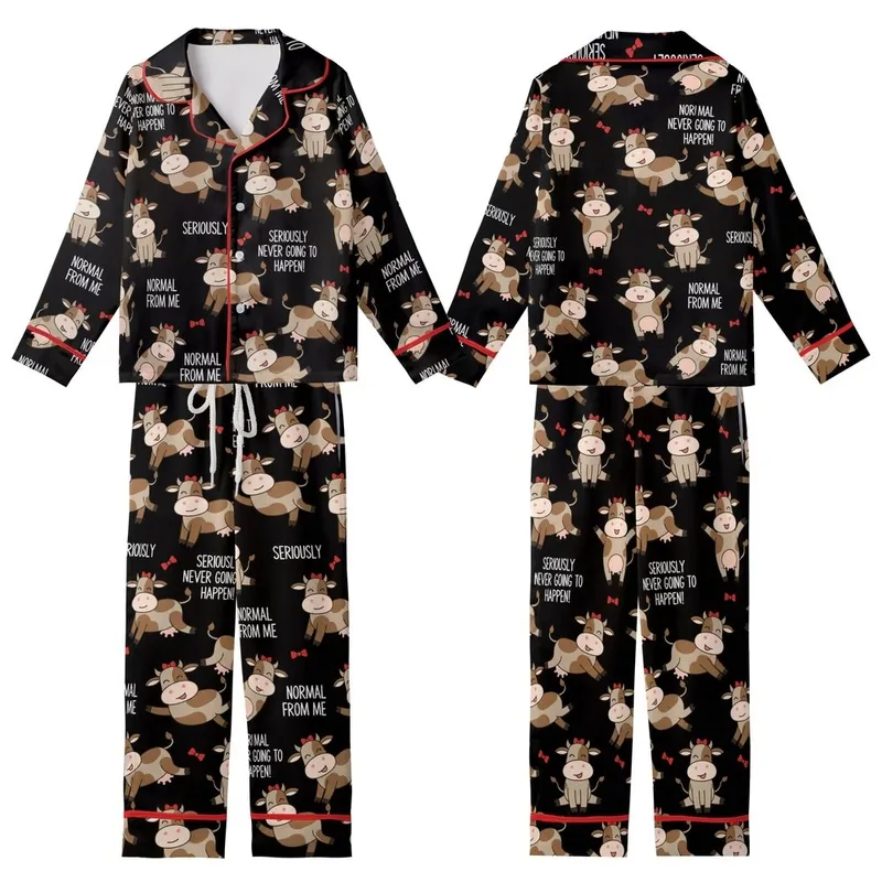 Cow Lovers' Whimsical Brown Tan Cows Red Bows Sassy White Text Black Seamless Pattern Kid Satin Pajamas Set - 1