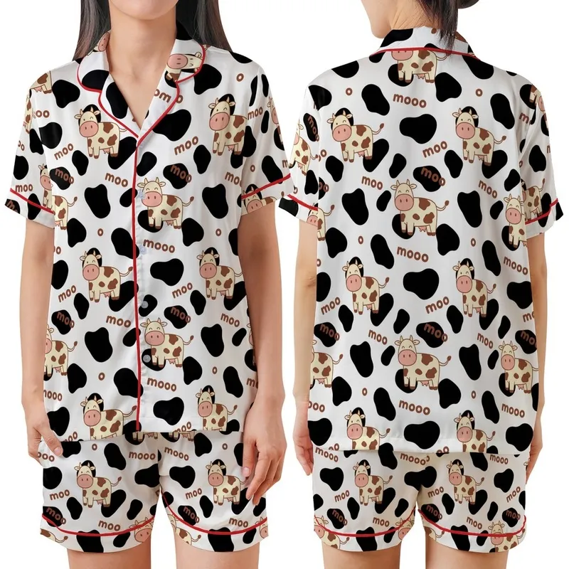 Whimsical Style Lovers' Black White Cow Spot Pattern with Cute Flat Cartoon Cows and Playful Brown "Moo" Text Satin Short-Sleeve Pajamas Set - f4u-zpapqr