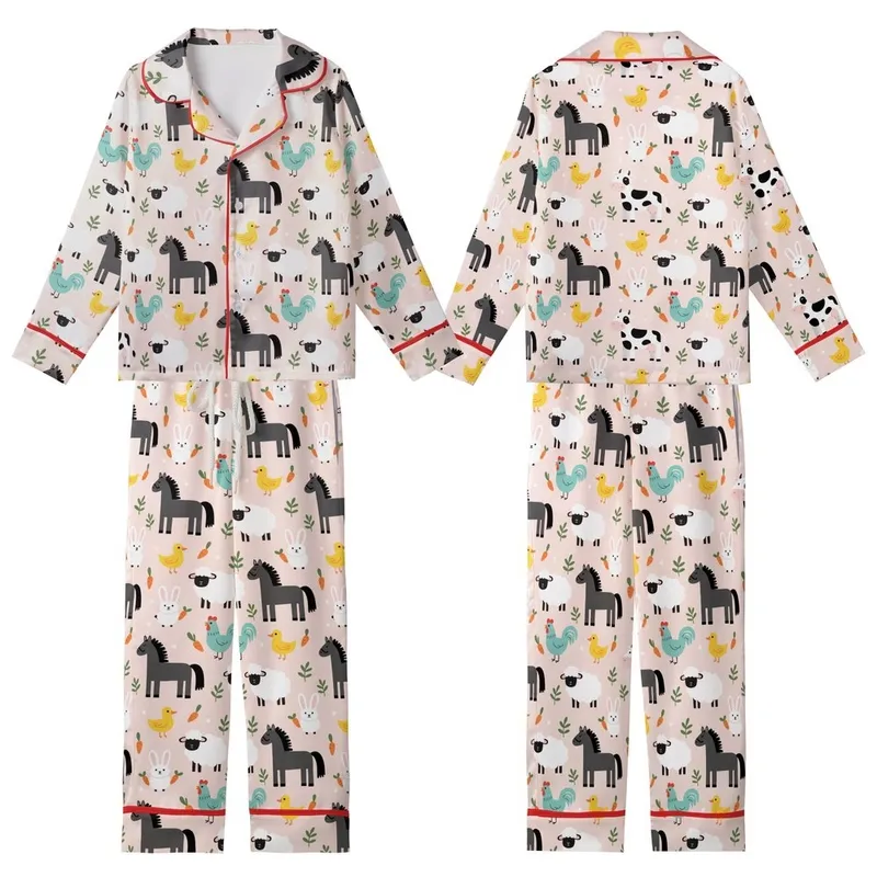 Whimsical Farm Life Admirers Light Pink Flat Art Farm Animal Pattern: Stylized Horses, Cows, Sheep, Rabbits, Roosters, Ducks Kid Satin Pajamas Set - 1