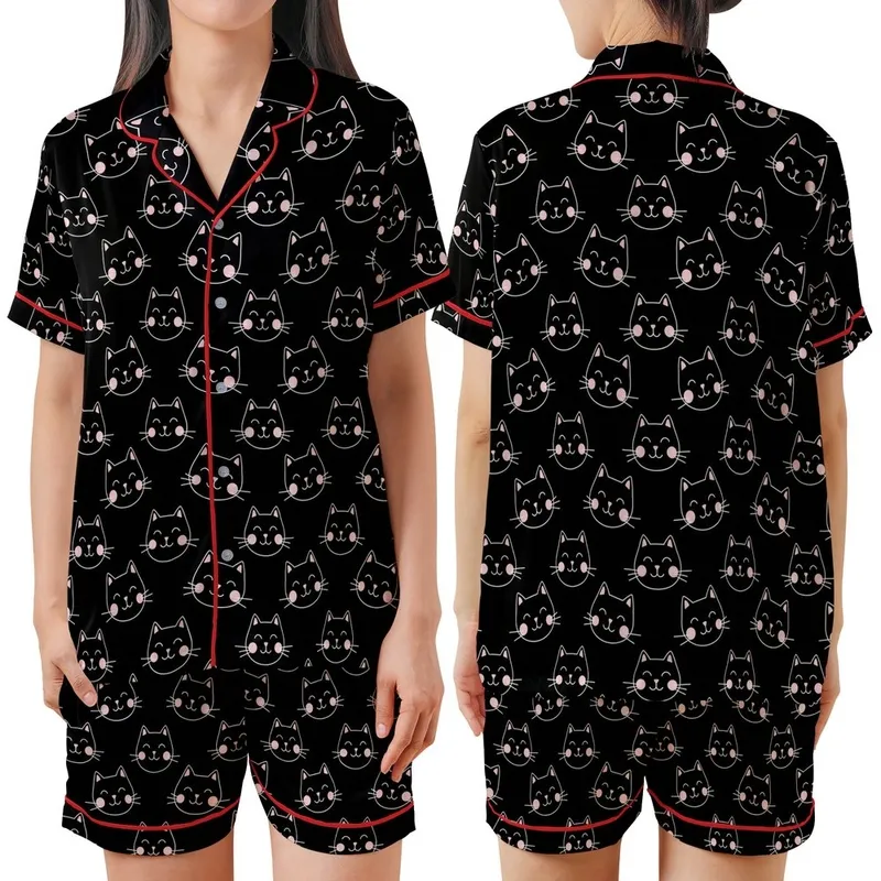 Cat Lovers' Whimsical Flat Illustrative Smiling Cat Faces Black White Pink Pattern Satin Short-Sleeve Pajamas Set - 1
