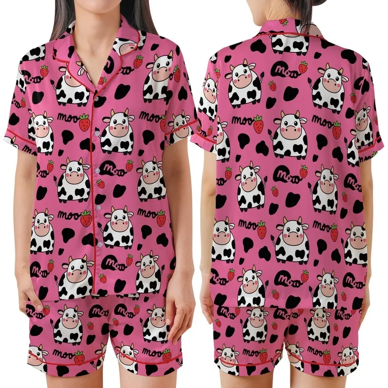 Cute Animal Lovers' Vibrant Hot Pink Flat 2D Cartoon Dairy Cow Rosy Cheeks Strawberry Moo Design Satin Short-Sleeve Pajamas Set - 1