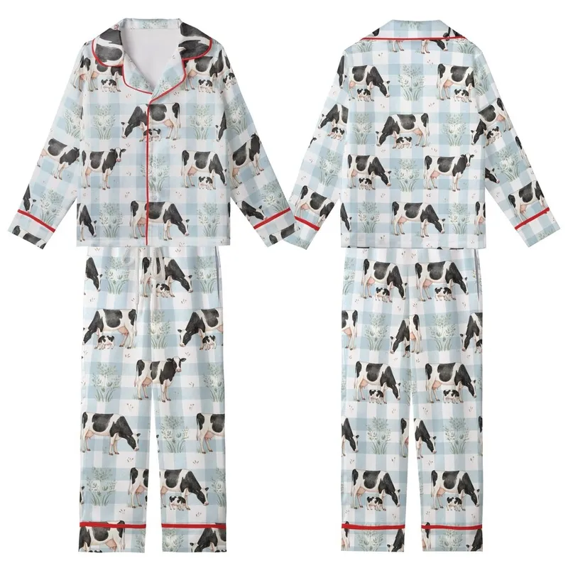 Cow Lovers' Light Blue White Watercolor Gingham Hand-Drawn Holstein Cow Pasture Repeat Pattern Kid Satin Pajamas Set - 1