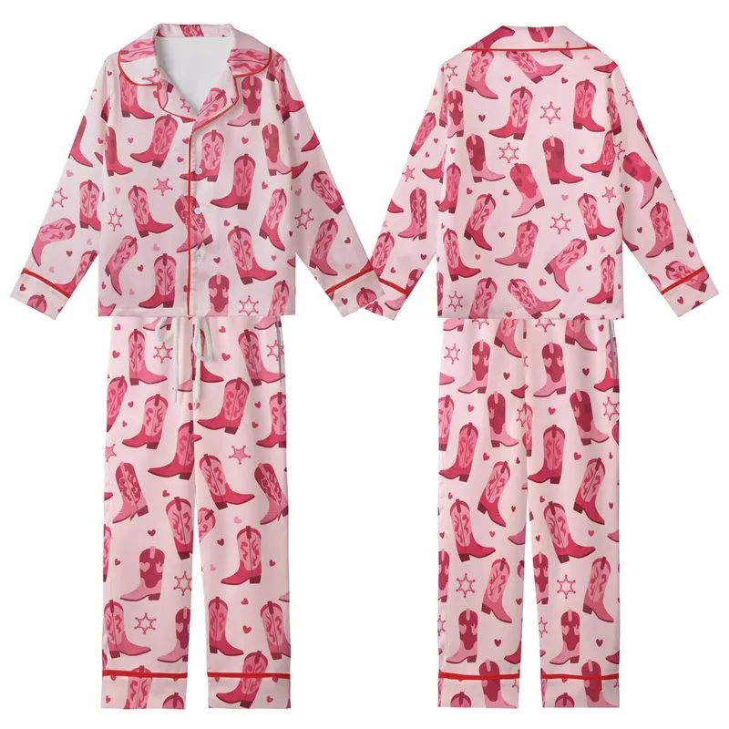 Cowgirl Chic Fans' Blush Pink Fuchsia Stylized Scattered Cowboy Boots Heart Badge Pattern Kid Satin Pajamas Set - 1