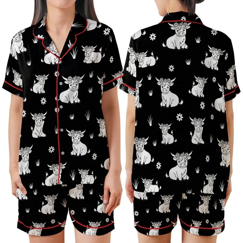 Highland Cow Fans' Black and White Illustrative Stencil Style Seamless Repeating Pattern of Cute Highland Cows with Flower Crowns Satin Short-Sleeve Pajamas Set - 1