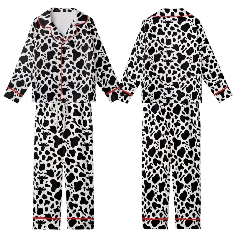Animal Print Lovers' Bold Black White Cow Spot Pattern with Stylized Cow Heads and Milk Splashes Kid Satin Pajamas Set - 1