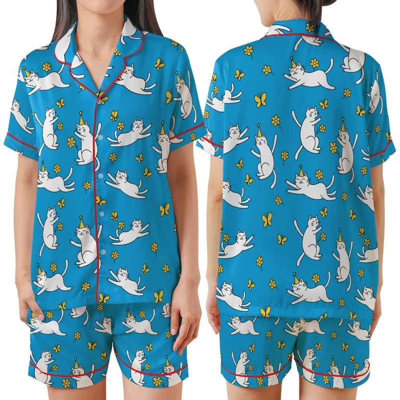 Cat Lovers' Whimsical White Cartoon Cats Azure Blue Pattern Yellow Butterflies Party Hats Satin Short-Sleeve Pajamas Set - 1