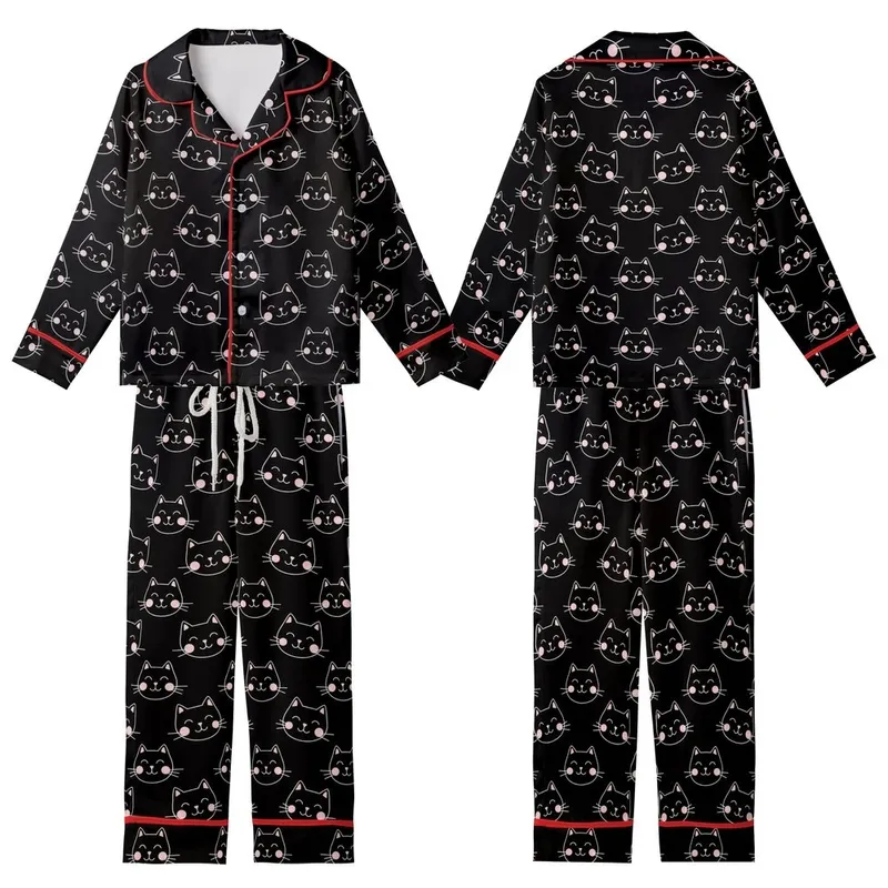 Cat Lovers' Whimsical Flat Illustrative Smiling Cat Faces Black White Pink Pattern Kid Satin Pajamas Set - 1