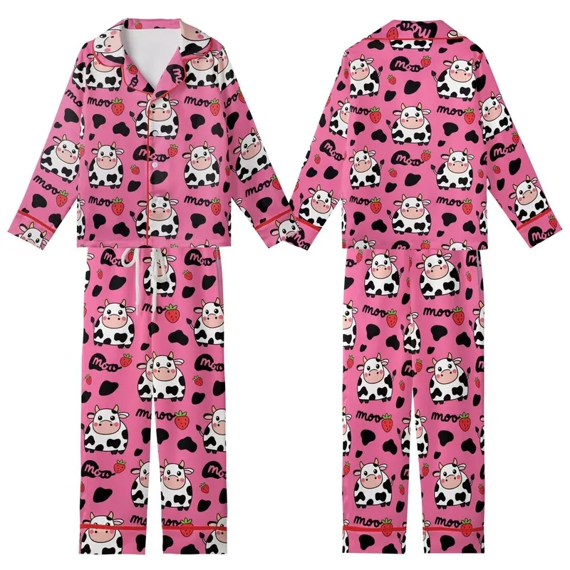 Cute Animal Lovers' Vibrant Hot Pink Flat 2D Cartoon Dairy Cow Rosy Cheeks Strawberry Moo Design Kid Satin Pajamas Set - 1