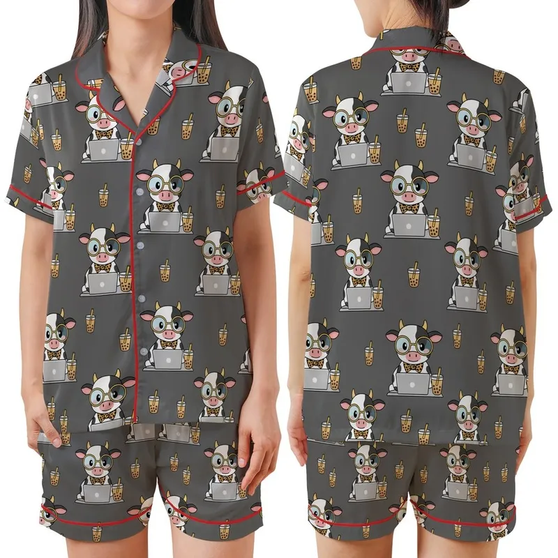 Chibi Art & Boba Tea Lovers' Charcoal Grey Chibi Cow Laptop Boba Tea Pattern, Blue Glasses & Leopard Bows Satin Short-Sleeve Pajamas Set - 1