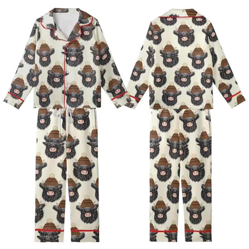 Cute Animal Lovers' Fluffy Baby Highland Cow Black White Fur Light Pink Snout Brown Striped Pom-Pom Beanie Pattern Kid Satin Pajamas Set - 1