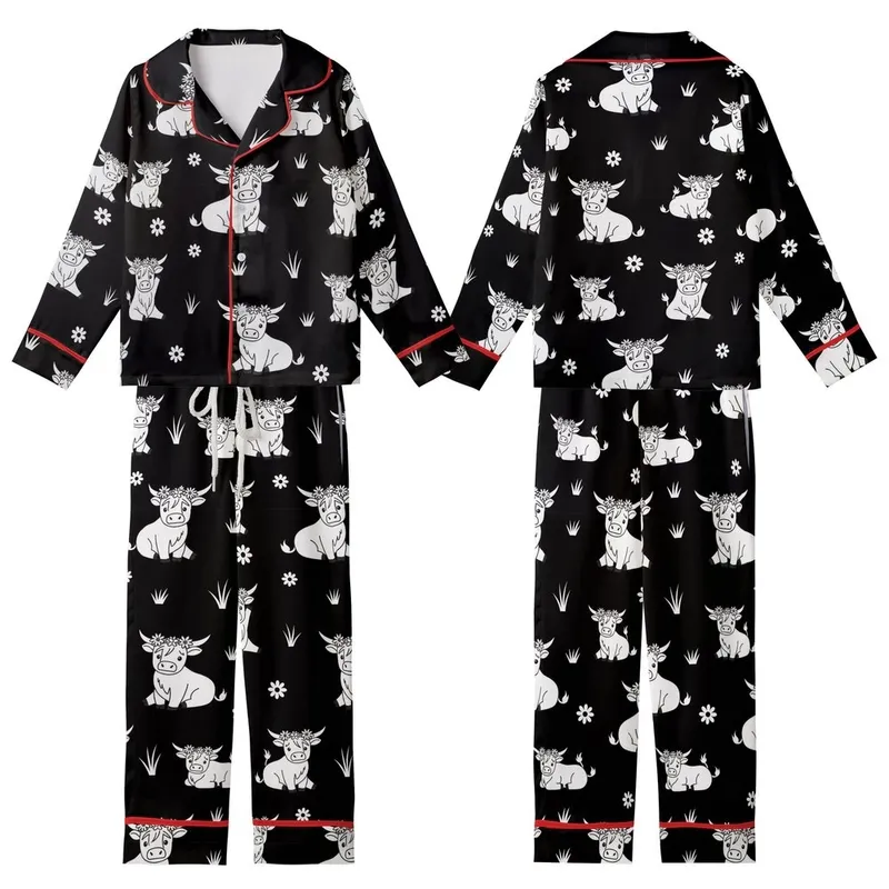 Highland Cow Fans' Black and White Illustrative Stencil Style Seamless Repeating Pattern of Cute Highland Cows with Flower Crowns Kid Satin Pajamas Set - 1