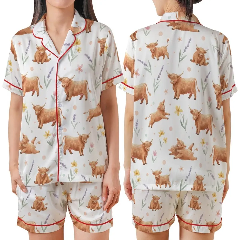 Whimsical Animal Lovers' Fluffy Highland Cow & Calf Watercolor Reddish-Brown & Lavender Wildflower Repeating Pattern Satin Short-Sleeve Pajamas Set - 1