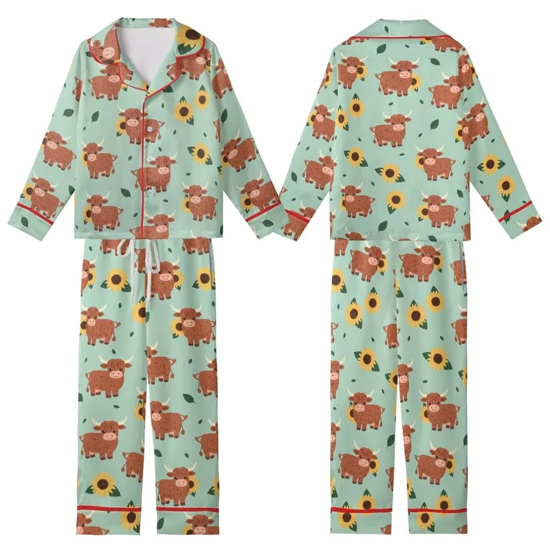 Whimsical Animal Lovers' Pastel Mint Green Highland Cow Golden Sunflower Rustic Repeat Design Kid Satin Pajamas Set - 1
