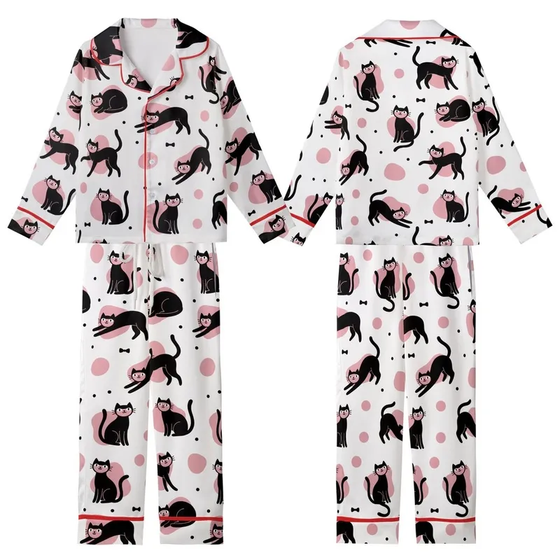 Cat Lovers' Whimsical Black Cat Pink Blob Polka Dot Seamless White Pattern Kid Satin Pajamas Set - 1
