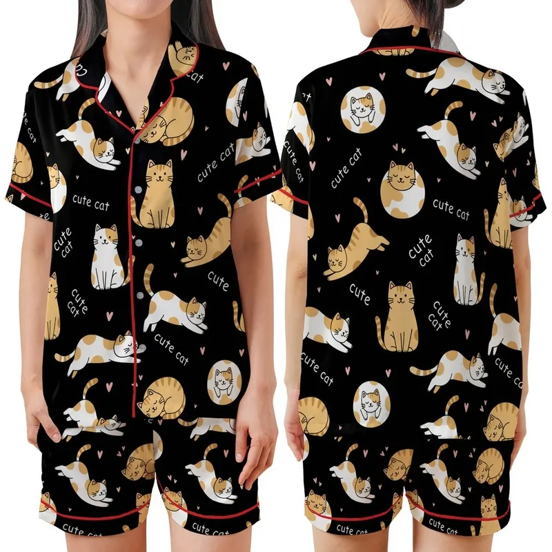Cat Lovers' Whimsical Seamless Pattern: Playful Cartoon Cats, Tan & White Flat Outline Art with Pink Hearts on Black Satin Short-Sleeve Pajamas Set - 1