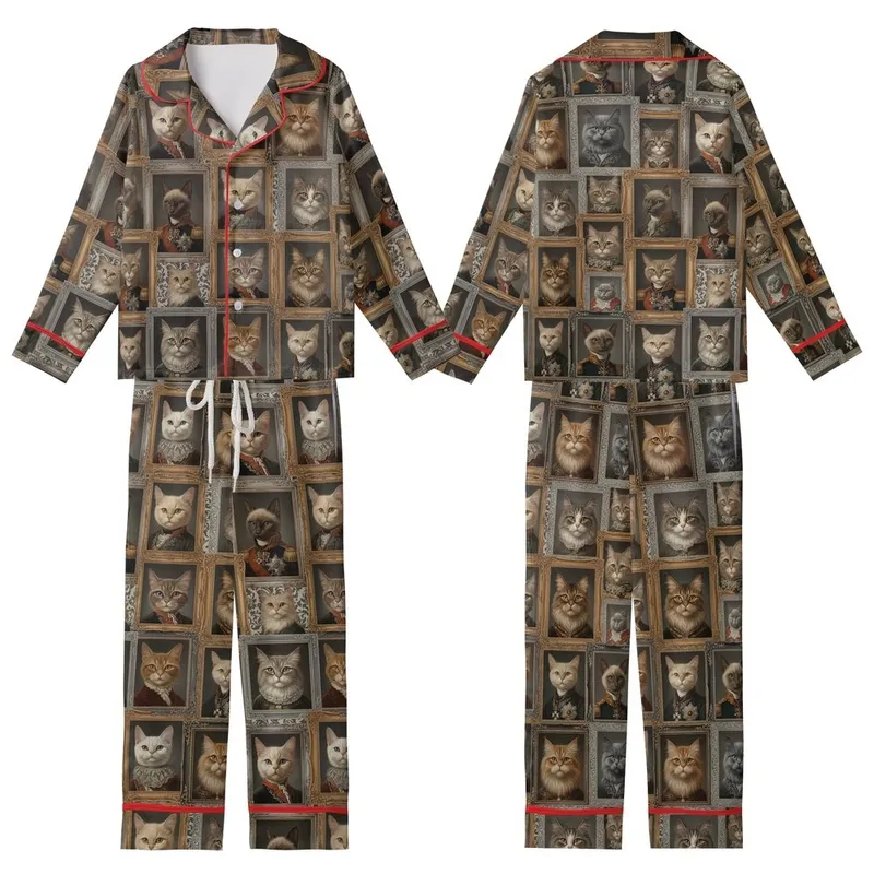 Aristocratic Cats: 18th Century Feline Portraits, Gilded Frames, Damask Scrollwork Kid Satin Pajamas Set - 1