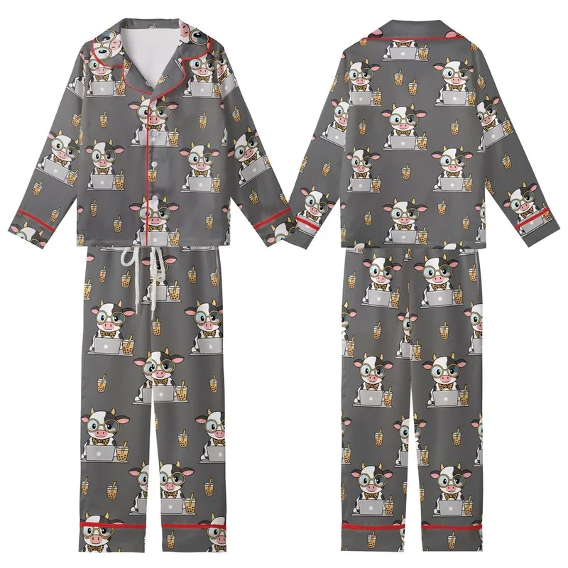 Cartoon Cow Working Laptop Blue Glasses Gold Frame Leopard Bow Brown Boba Tea Charcoal Grey Kid Satin Pajamas Set - 1