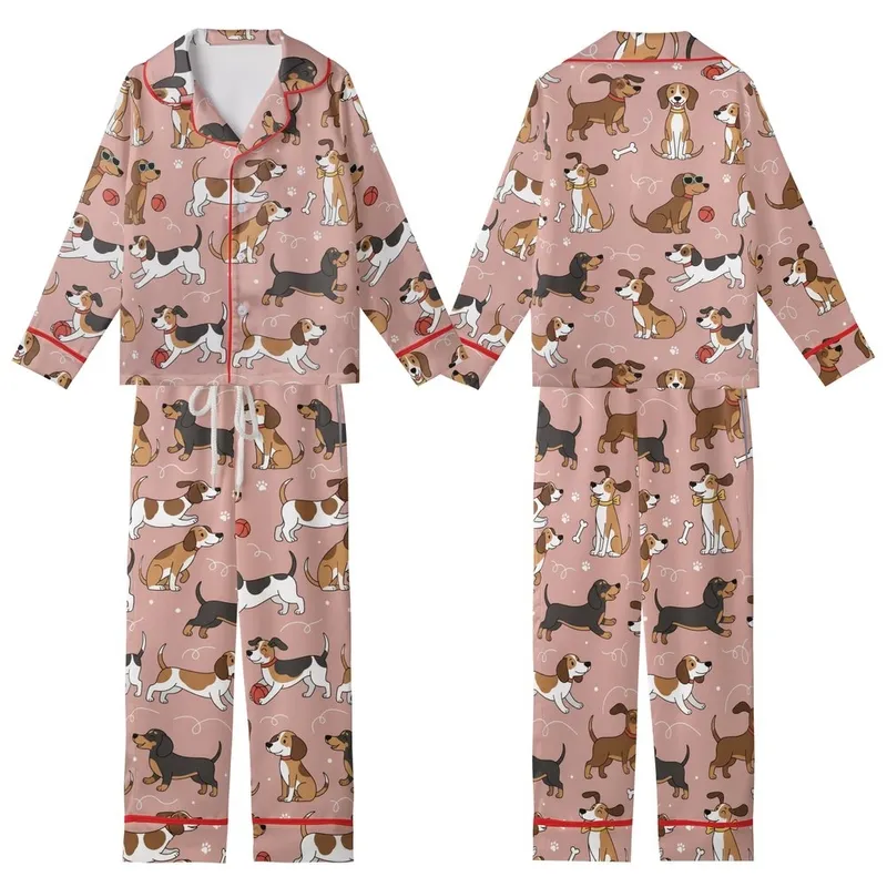 Dog Lover Dachshund Beagle Running Leaping Dogs Pink Paw Prints Golden Yellow Bows Kid Satin Pajamas Set - 1
