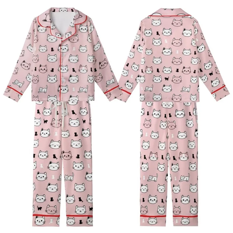 Cat Lovers' Minimalist Hand-Drawn Smiling Sleeping Cat Faces & Silhouettes on Bubblegum Pink Pattern Kid Satin Pajamas Set - 1