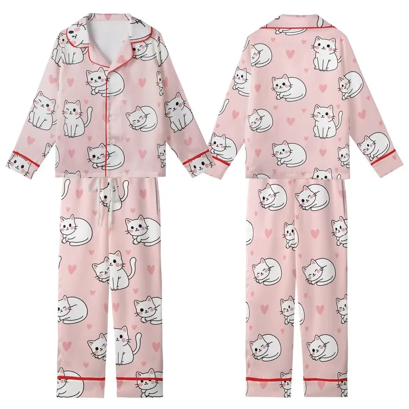 Cat Lover Pastel Pink Sleeping Winking Sitting Cats Black Outline White Body Hearts Kid Satin Pajamas Set - 1