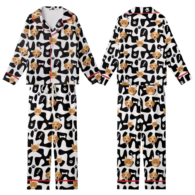 Pet Lovers' Golden Retriever Ginger Tabby Cat Faces Black White Abstract Pattern with Bones & Fish Skeletons Kid Satin Pajamas Set - 1