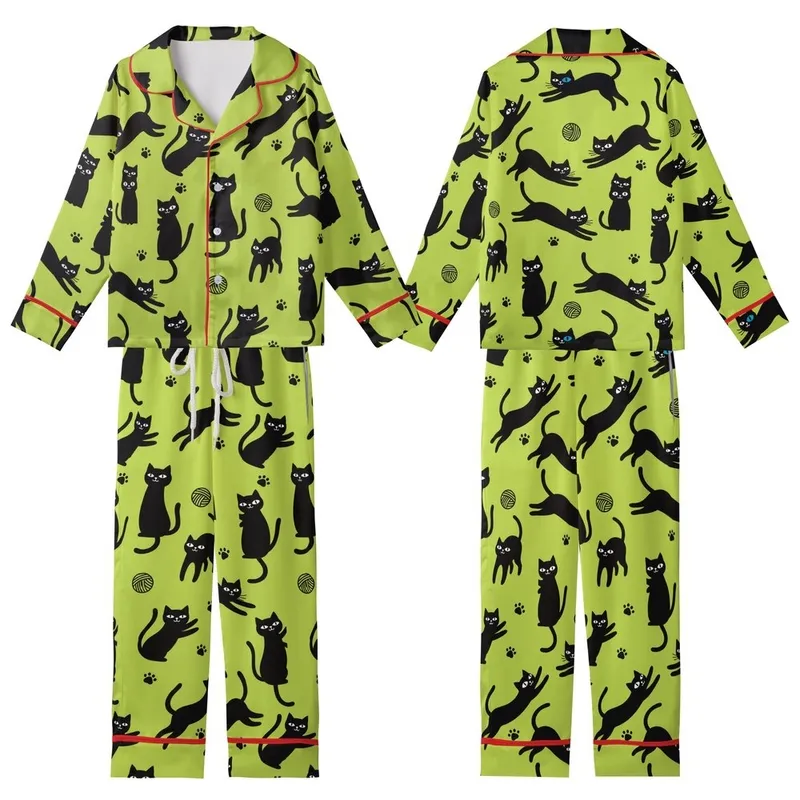 Cat Lovers' Vibrant Lime Green Playful Black Cat Silhouettes Flat Cartoon Pattern with Blue Eye Accent Kid Satin Pajamas Set - 1