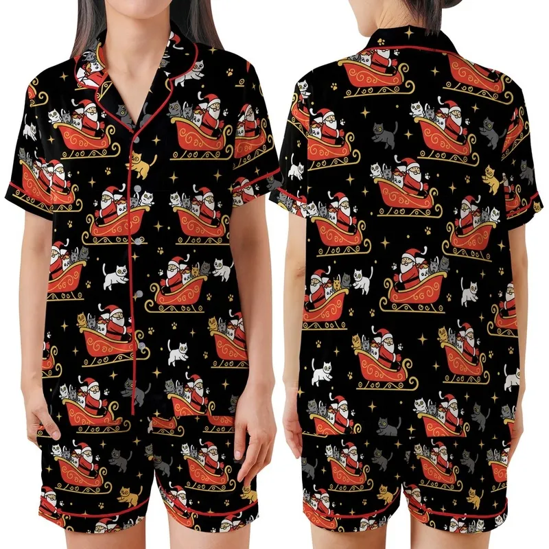 Festive Cat Lovers' Whimsical Santa Sleigh Cute Cartoon Cats White Grey Tan Golden Paw Prints Twinkling Stars Deep Black Pattern Satin Short-Sleeve Pajamas Set - 1