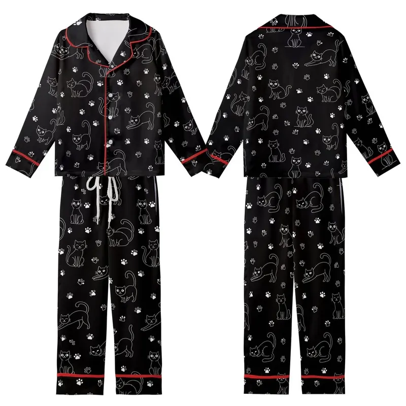 Cat Lovers' Minimalist White Line Art Playful Cats & Heart Paw Print Seamless Pattern on Black Kid Satin Pajamas Set - 1