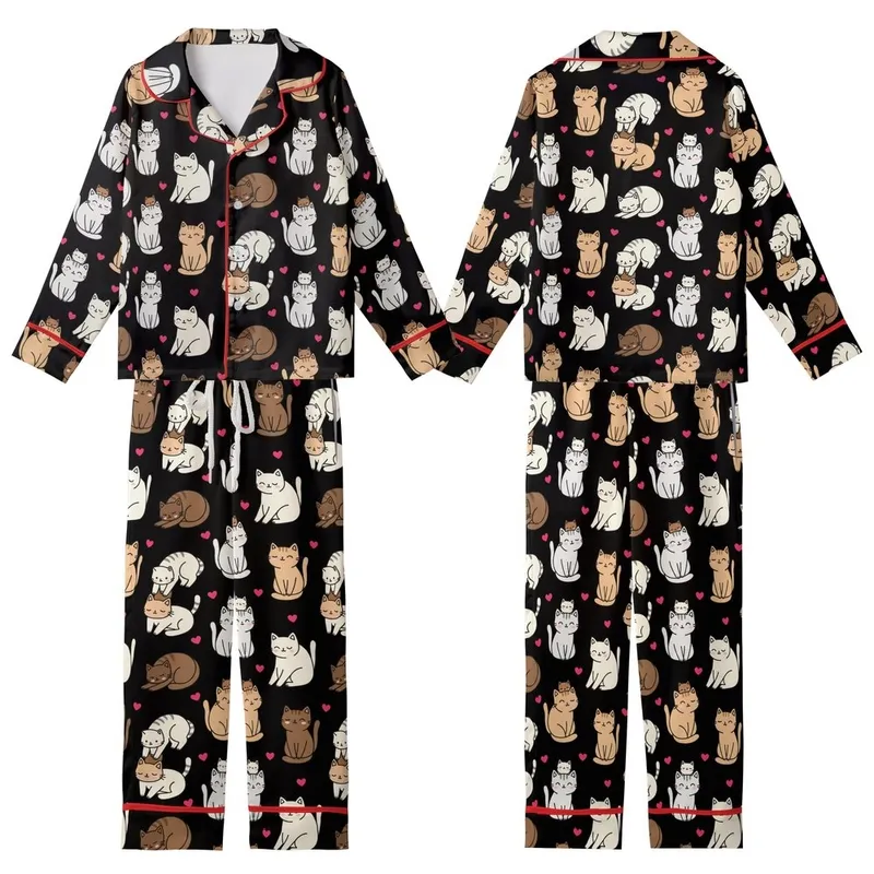 Kawaii Style Enthusiasts' Playful Hand-Drawn Cartoon Cats, Pink Hearts, White Grey Brown Peach on Black Kid Satin Pajamas Set - 1