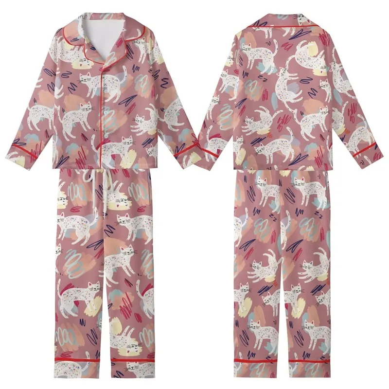 Whimsical Cat Lovers' Soft Dusty Rose Pink Hand-Drawn Cats with Vibrant Speckles & Doodle Art Pattern Kid Satin Pajamas Set - 1