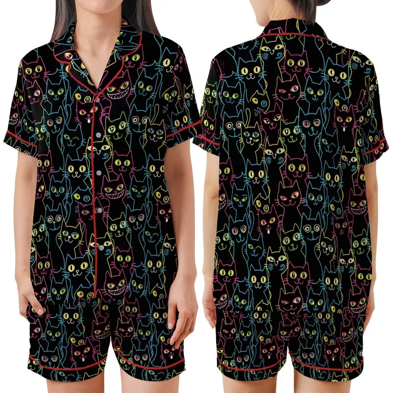 Black Cat Lovers' Neon Pop Whimsical Black Cat Seamless Pattern Electric Blue Pink Yellow Green White Outlines Satin Short-Sleeve Pajamas Set - 1