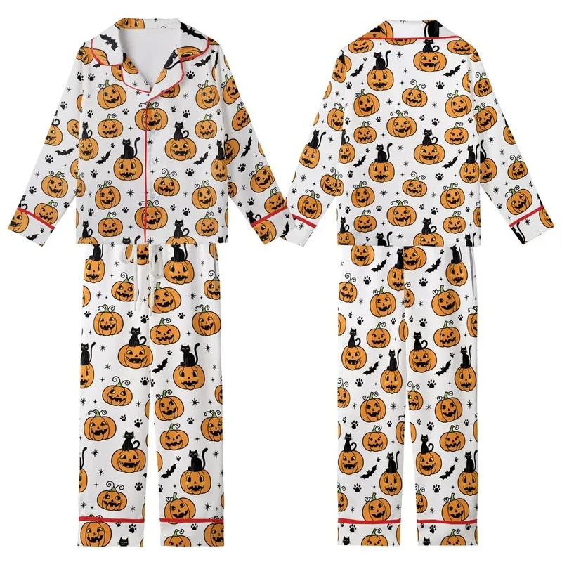 Halloween Enthusiasts' Whimsical Hand-Drawn Orange Jack-o'-Lanterns, Black Cats, Bats & Paw Prints Pattern on White Kid Satin Pajamas Set - 1