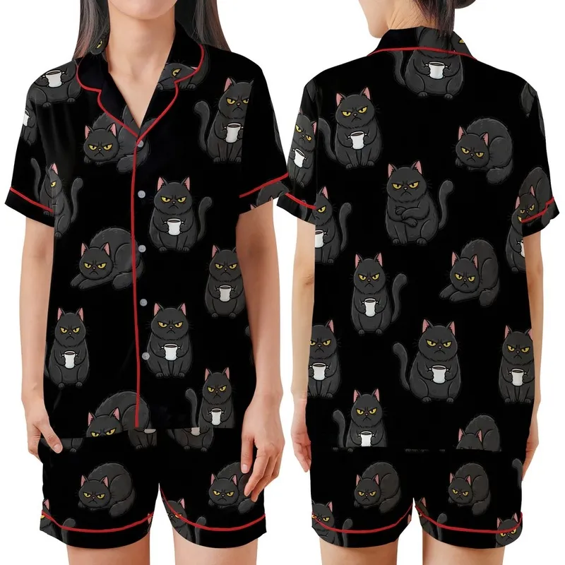 Cat Lovers' Cute Cartoon Grumpy Black Cats All-Over Pattern Golden Yellow Eyes White Mugs Satin Short-Sleeve Pajamas Set - 1