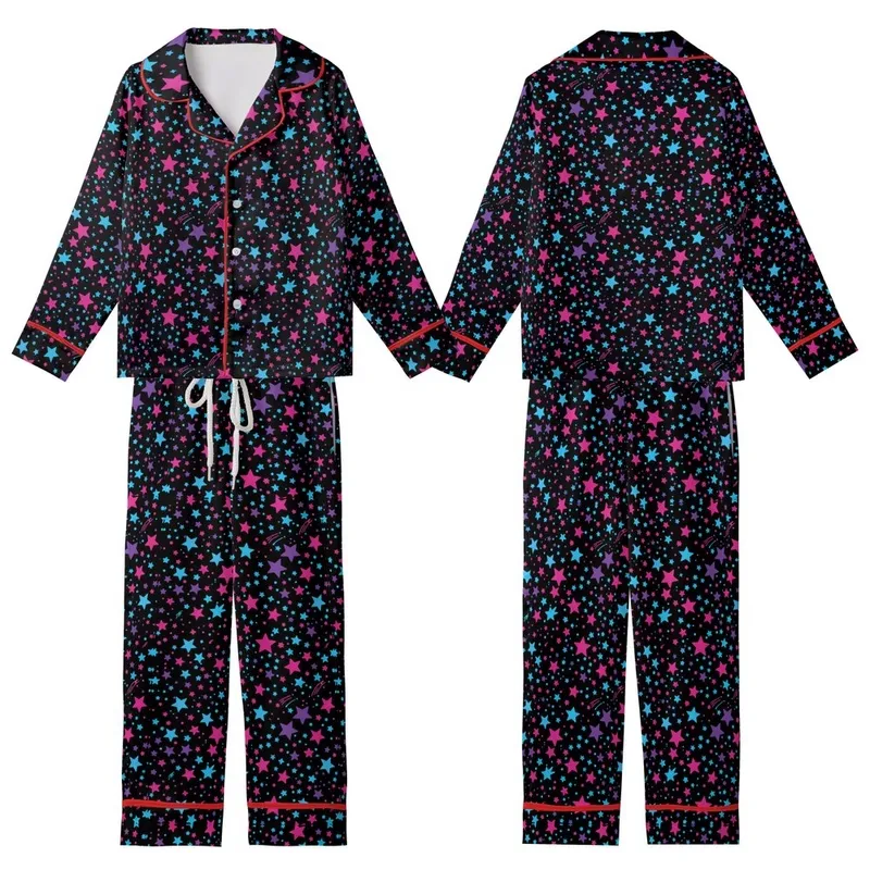 Cosmic Art Lovers' Vibrant Neon Blue Magenta Violet Cyan Flat Stars Shooting Stars Cosmic Pattern Kid Satin Pajamas Set - 1