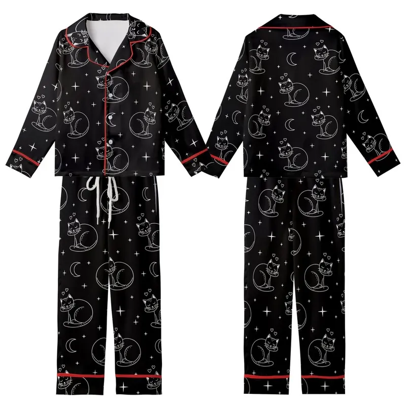 Cat Lovers' Minimalist White Line Art Sleeping Cats Black Background Whimsical Celestial Pattern Kid Satin Pajamas Set - 1