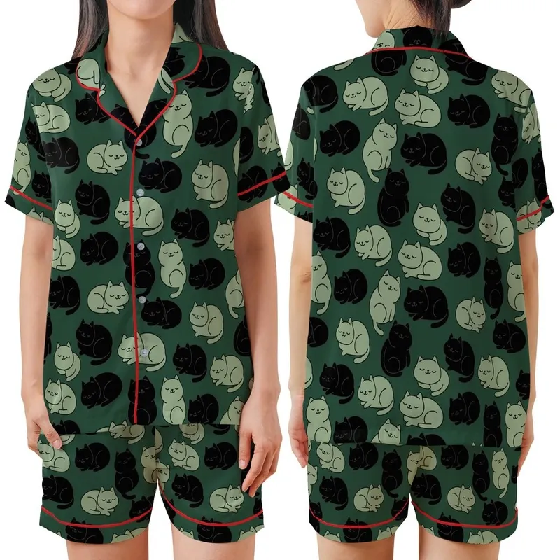 Cat Lovers' Playful Plump Minimalist Black Muted Green Cartoon Cats Forest Green Repeating Pattern Satin Short-Sleeve Pajamas Set - 1