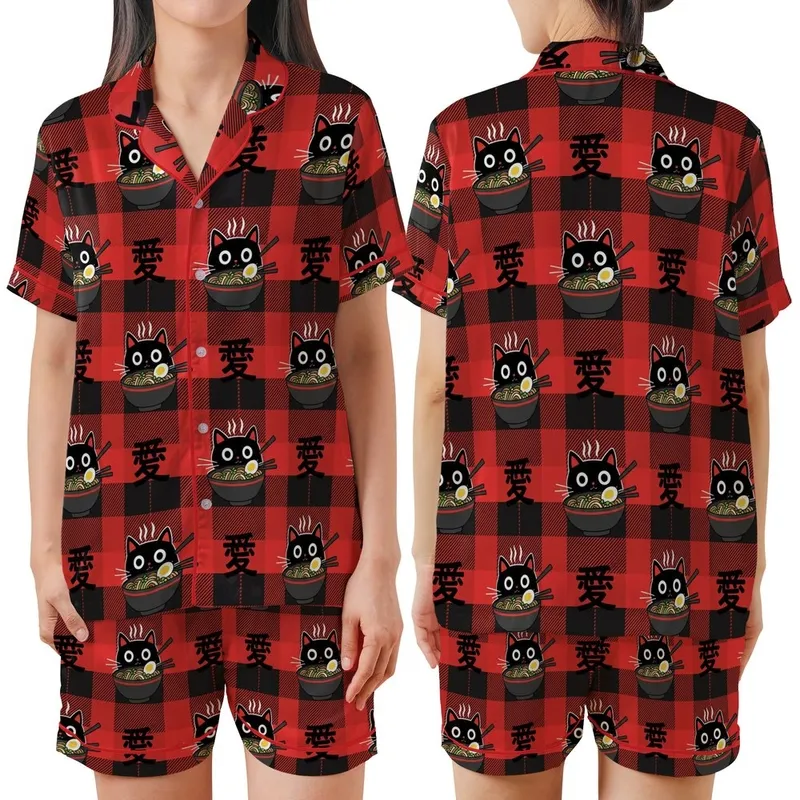 Cat & Ramen Enthusiasts' Whimsical Black Cat Ramen Bowl Red Black Buffalo Plaid Love Kanji Graphic Satin Short-Sleeve Pajamas Set - 1