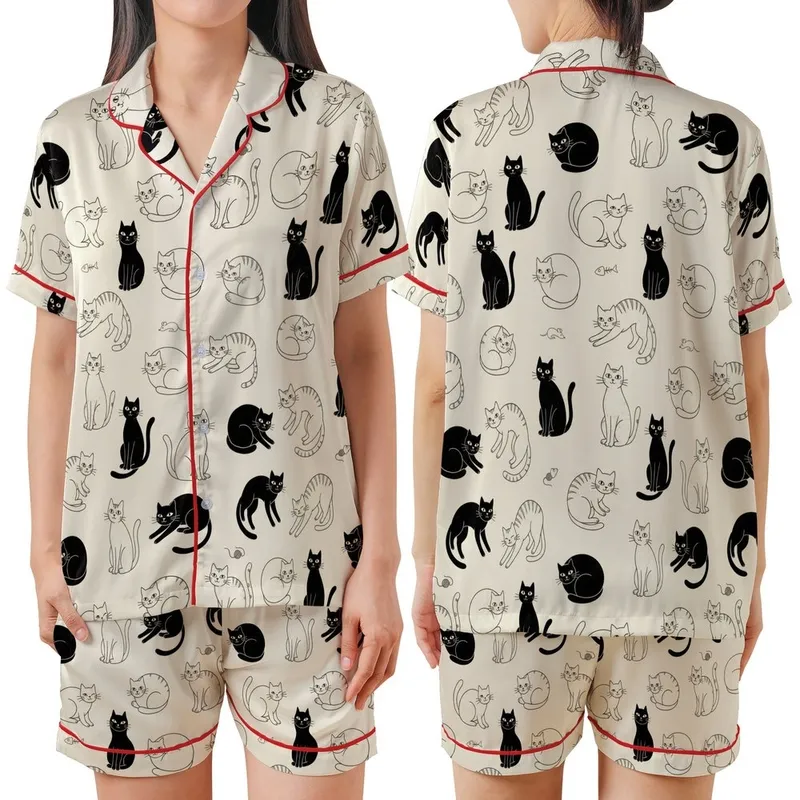 Cat Lovers' Whimsical Black Line Art Cats Seamless Pattern Creamy Off-White Background Satin Short-Sleeve Pajamas Set - 1