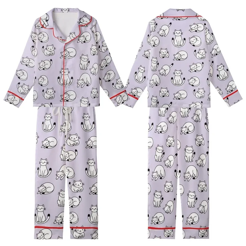 Cat Lovers' Playful White Cartoon Cats Seamless Pattern, Bold Black Outlines, Soft Lavender Background Kid Satin Pajamas Set - 1