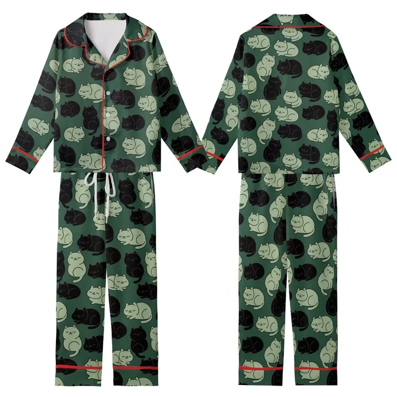 Cat Lovers' Playful Plump Minimalist Black Muted Green Cartoon Cats Forest Green Repeating Pattern Kid Satin Pajamas Set - 1