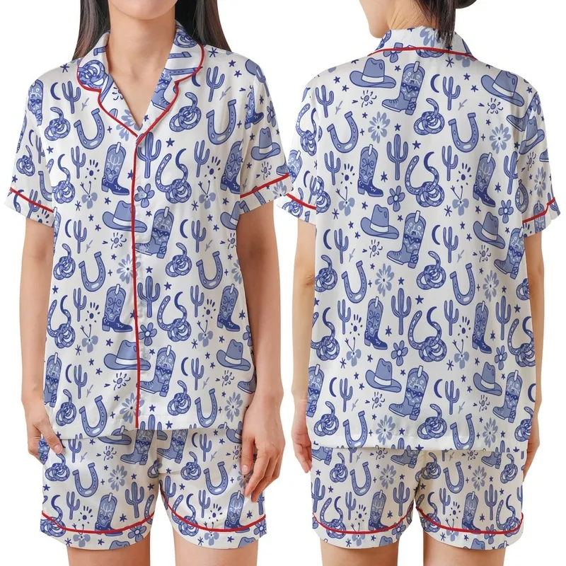 Western Enthusiasts' Illustrative Dusty Periwinkle Cobalt Blue Cowboy Boot Hat Cactus Rattlesnake Pattern Satin Short-Sleeve Pajamas Set - 1