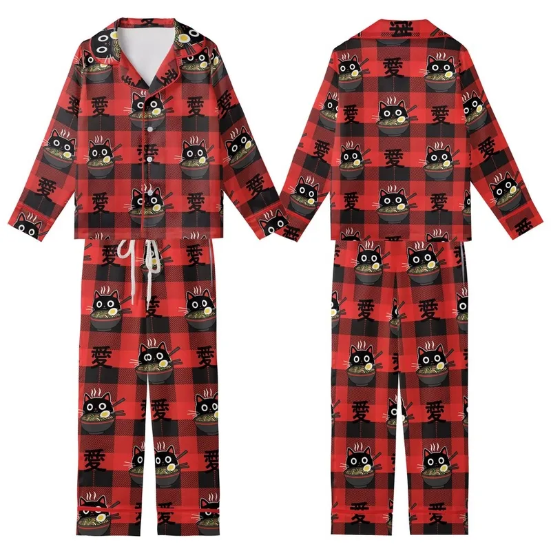 Cat & Ramen Enthusiasts' Whimsical Black Cat Ramen Bowl Red Black Buffalo Plaid Love Kanji Graphic Kid Satin Pajamas Set - 1