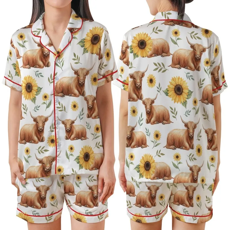 Whimsical Nature Lovers' Rustic Watercolor Highland Cow Golden Sunflower & Olive Teal Leaf Pattern Satin Short-Sleeve Pajamas Set - 1