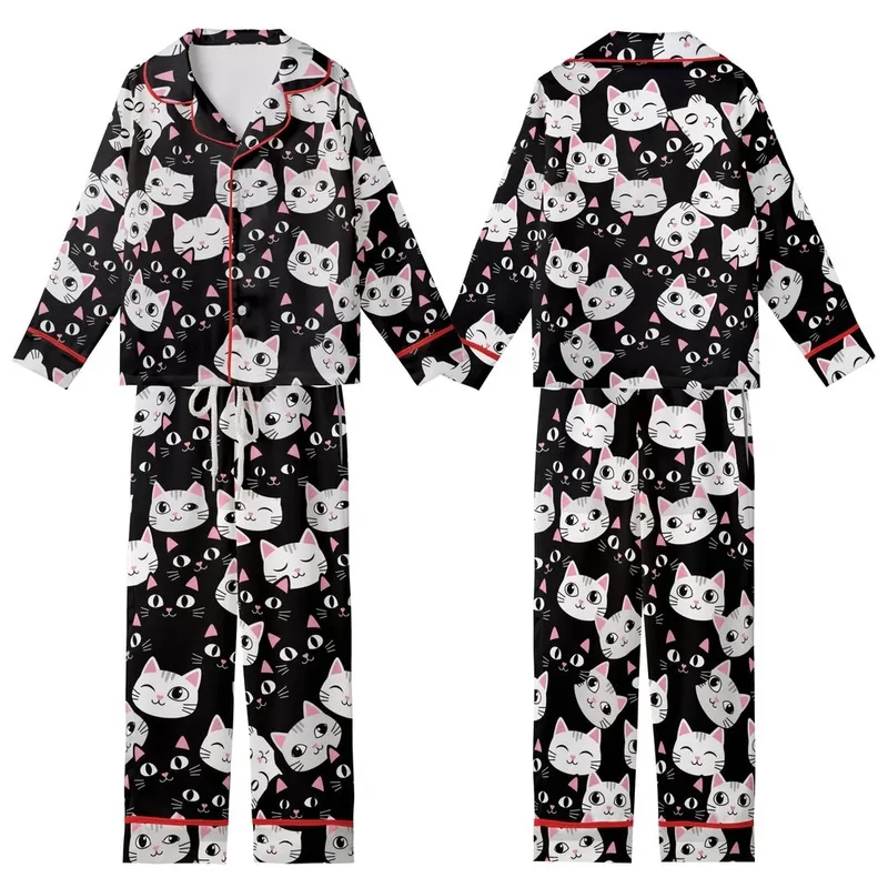 Cat Lovers' Expressive Cartoon Cat Faces Black White Gray Repeat Pattern Pink Accents Kid Satin Pajamas Set - 1